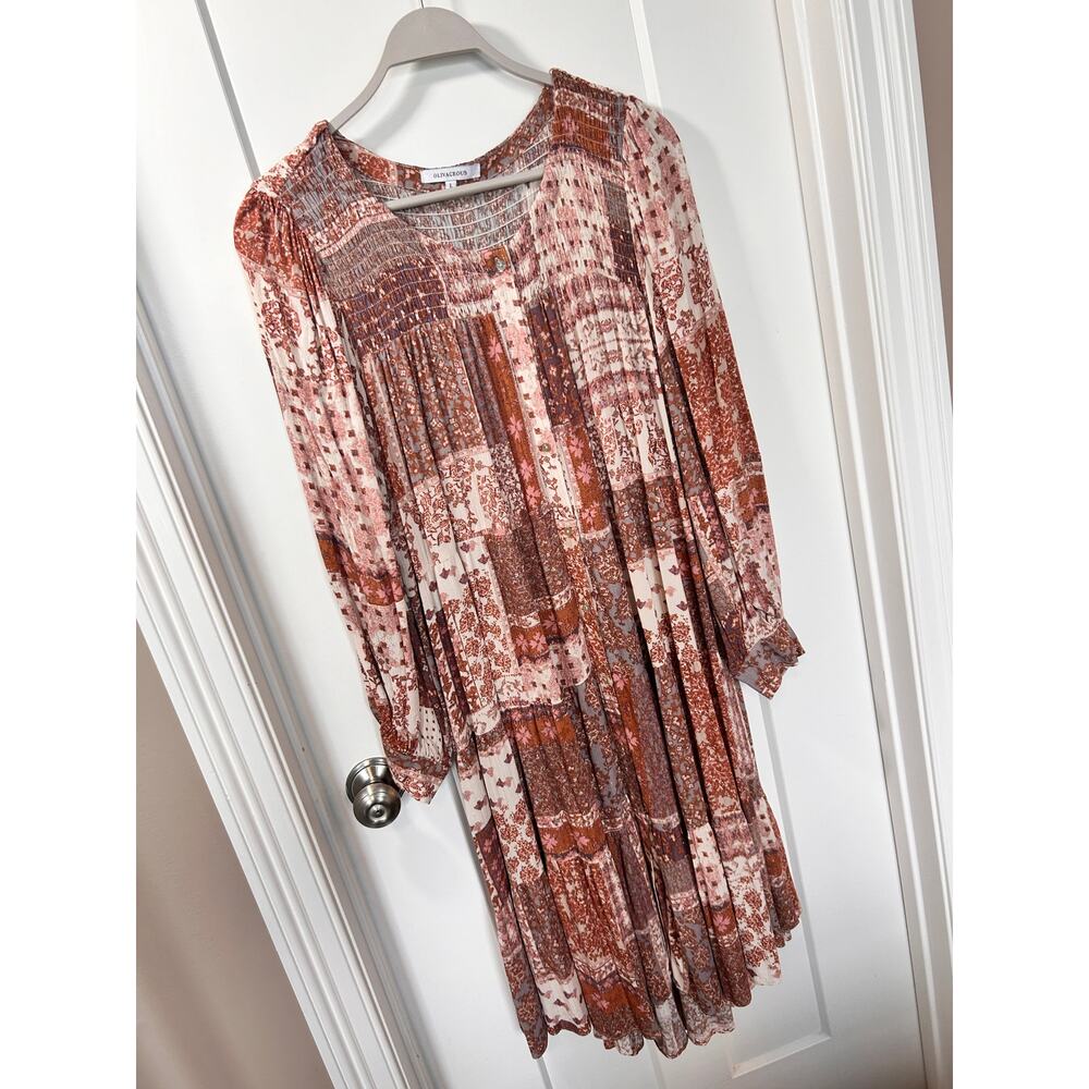 Olivaceous Women's Patchwork Tiered Midi Dress Boho Earthy Rust Beige Size Large